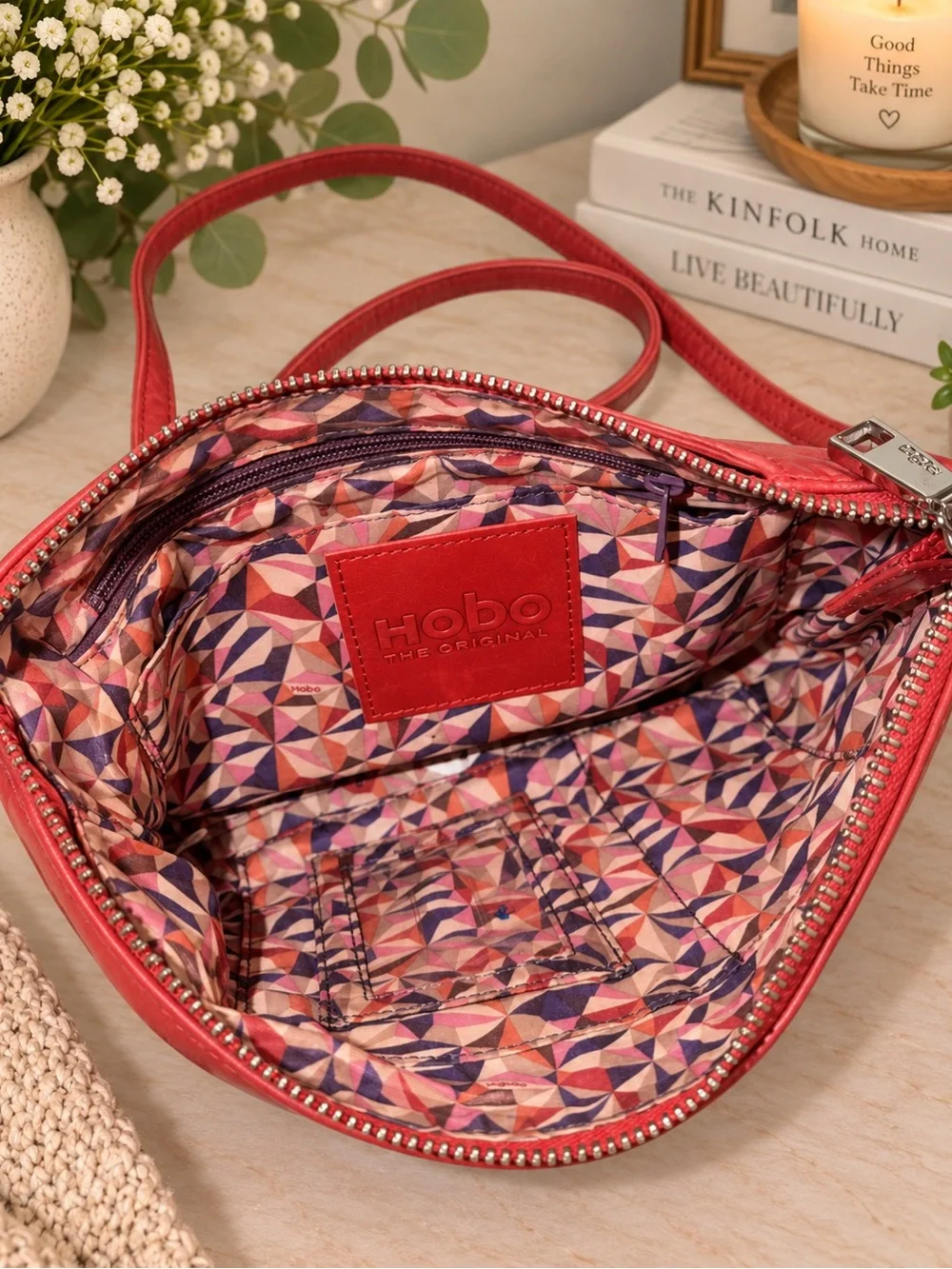 HOBO The Original Red Leather Crossbody Bag Double Zip Organizer